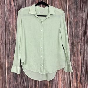 OuterKnown Women's XS Mint Green Cotton Gauze Long Sleeve Button Front Shirt